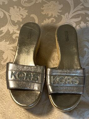 Michael Kors Metallic Silver Slide Mules with KORS Logo